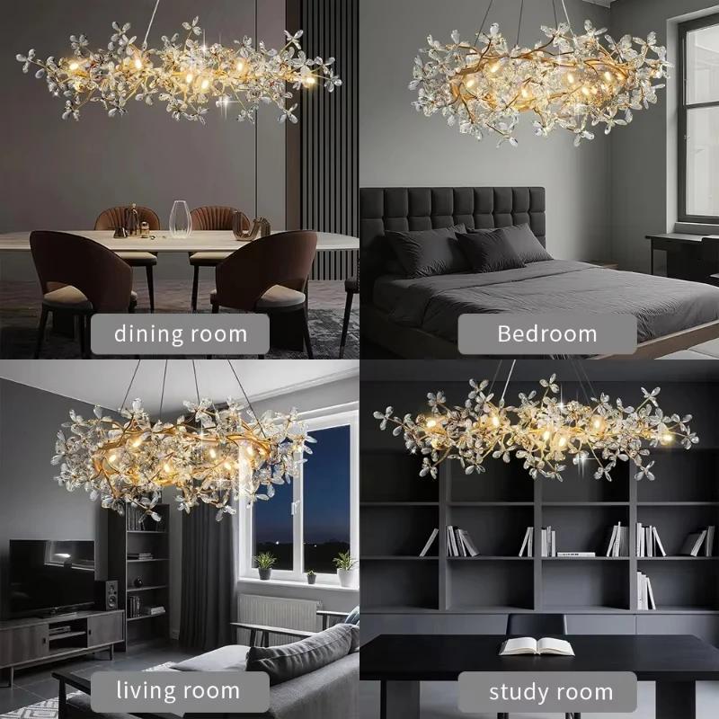 Modern Ceiling Chandelier Light Gold Crystal for Living Room Bedroom Transparent Flower Chandelier Indoor Lights Home Decor