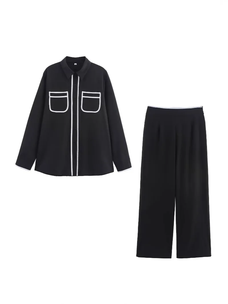 

SuperAen European and American Style Women's New 2025 Fashion Lapel Long-sleeved Loose Striped Shirt and Trousers Set