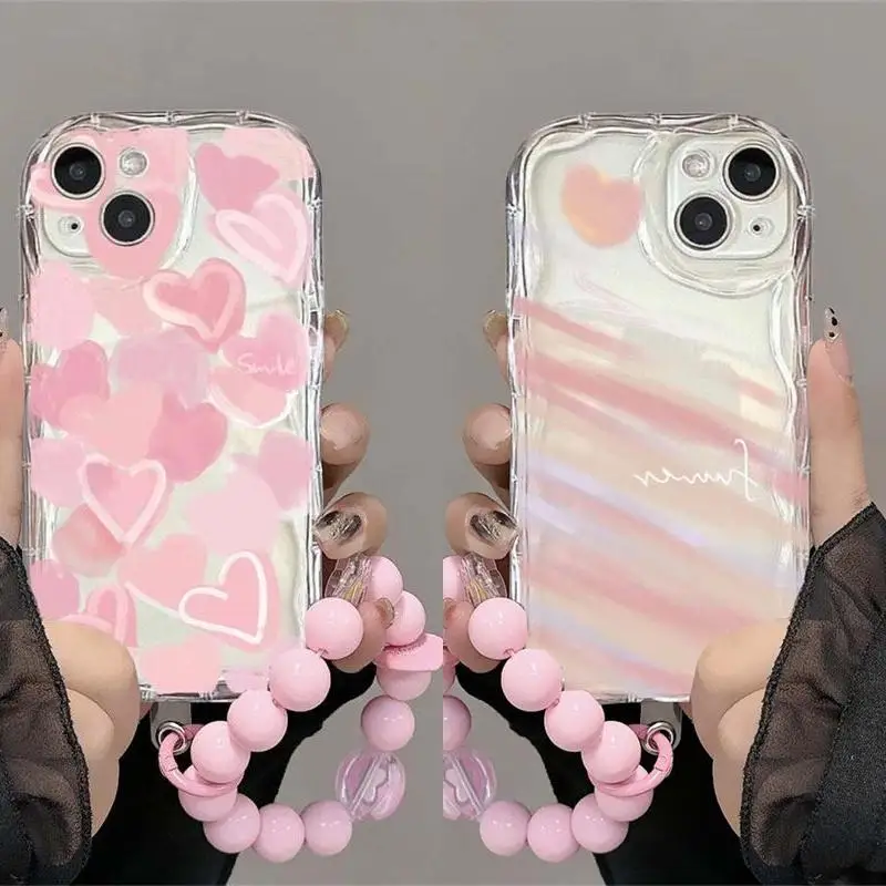 Love Heart Print Pink Bracelet Chain Case for OPPO Reno 12F 11 11F 5G 8 11 12 Pro 8T A58 A78 A79 A98 5G Reno 7 4G 5 6 Lite Cover