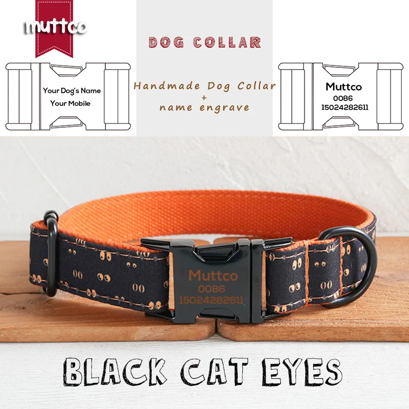 MUTTCO engraved metal buckle dog collar BLACK CAT EYES personalized dog ID tag collar 5 sizes nameplate anti-lost pet UDC214