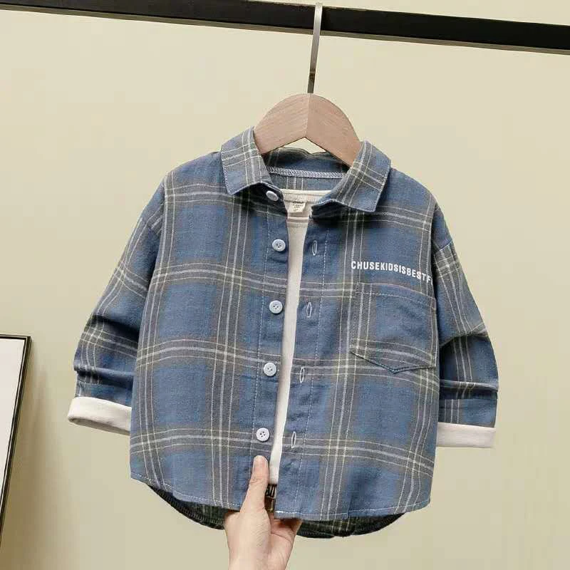 Boys\' Shirts Spring And Autumn Cotton Material Children\'s Plaid Long-sleeved Shirts Casual Thin Coats