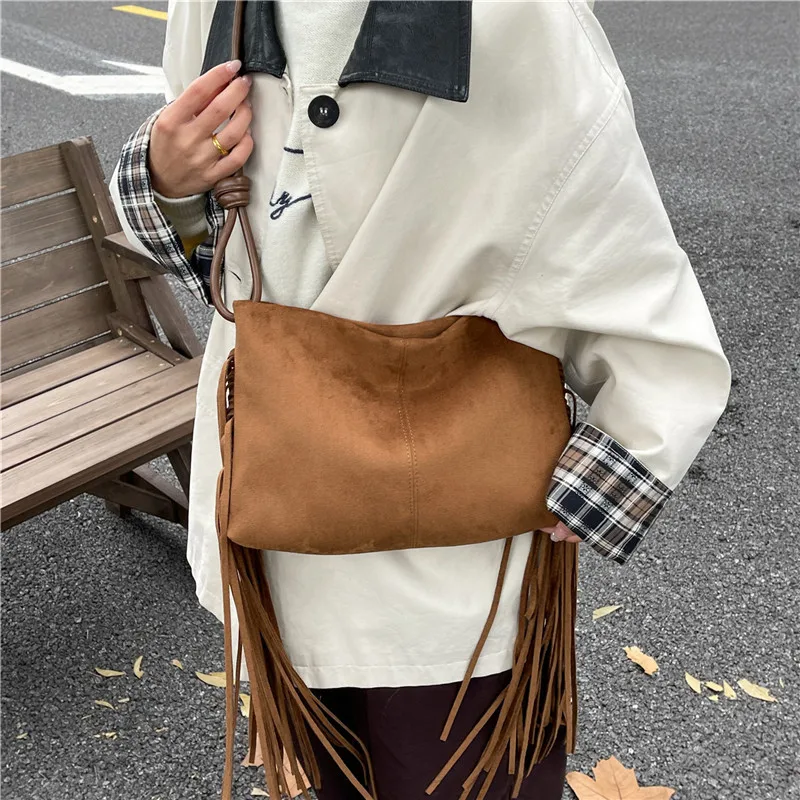 العصرية طويلة شرابة حقيبة كتف المرأة خمر الجلد المدبوغ حقيبة يد ومحفظة الإناث عالية السعة Crossbody حمل حقيبة ريترو كيس الرئيسي #2