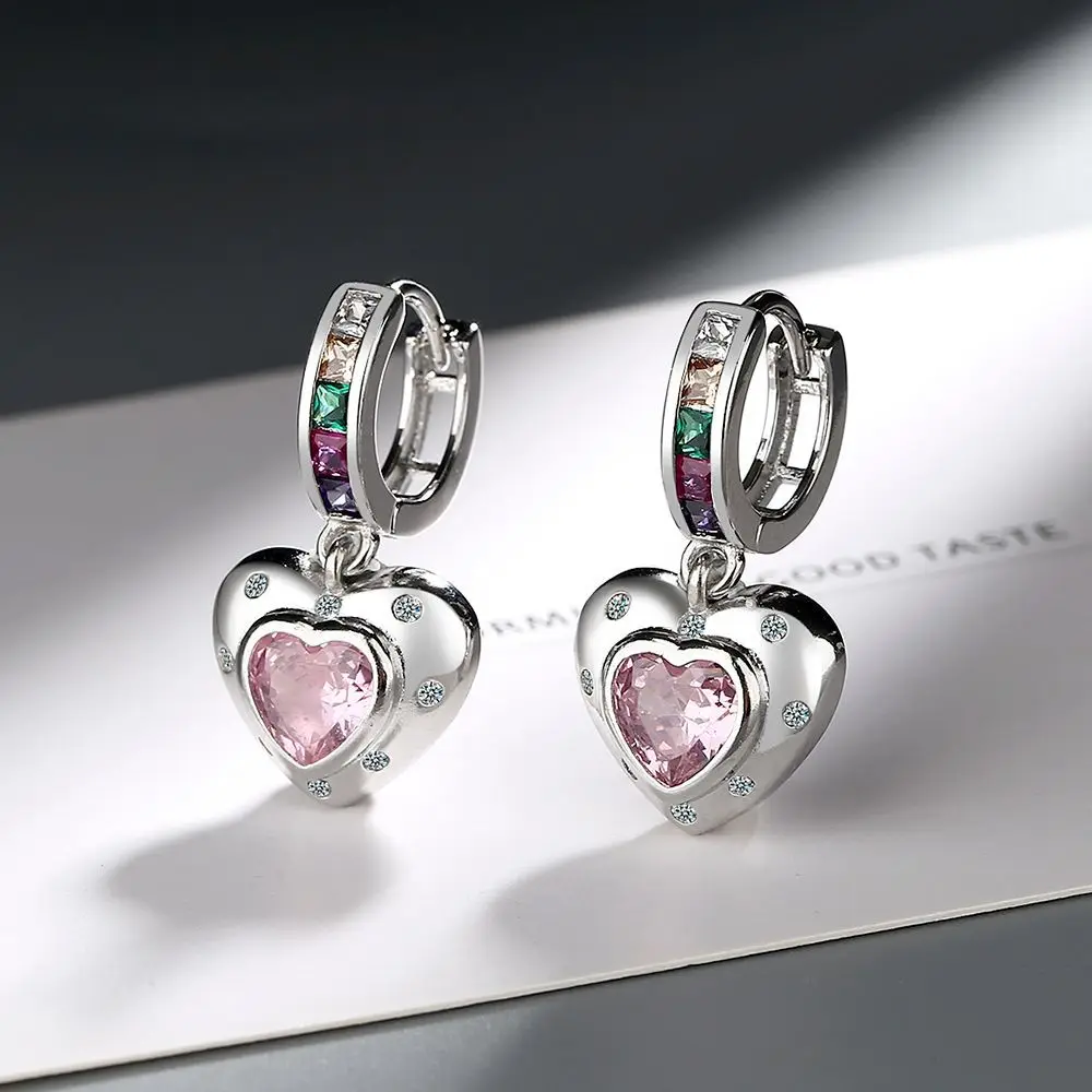 Delicate Female Earrings 925 Sterling Silver Pink Rainbow Heart-shaped Zircon Earrings for Women Promise Love Statement Jewelry