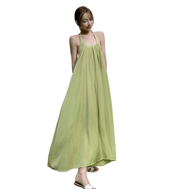 Hong Kong style retro sexy halter halter dress loose meat shield slip Green beach holiday slimming dress