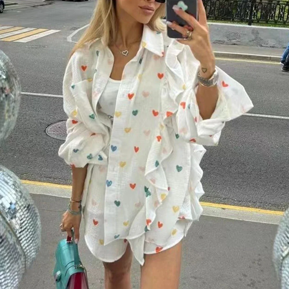Casual Home Suits Fashion Shirt And Short Set Long Sleeve Shirt Love Heart Pattern Slight Stretch For Lounging