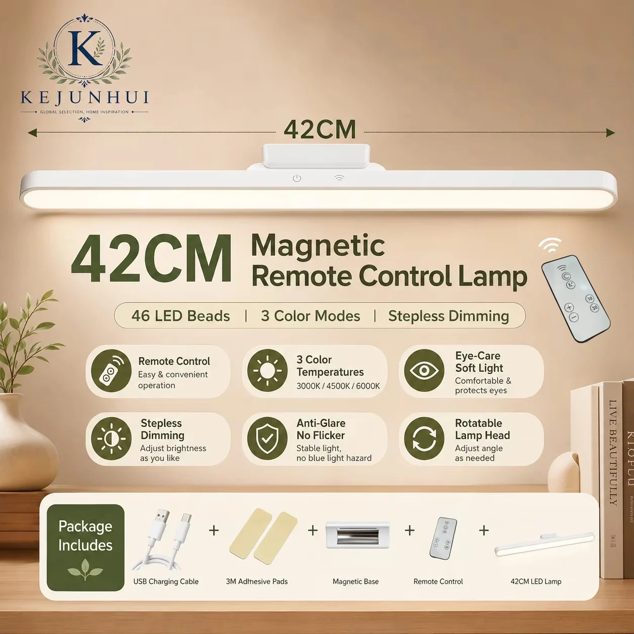 

42cm LED Under Cabinet Light USB Rechargeable Magnetic Closet Light with Remote Control Dimmable 3 Color Modes