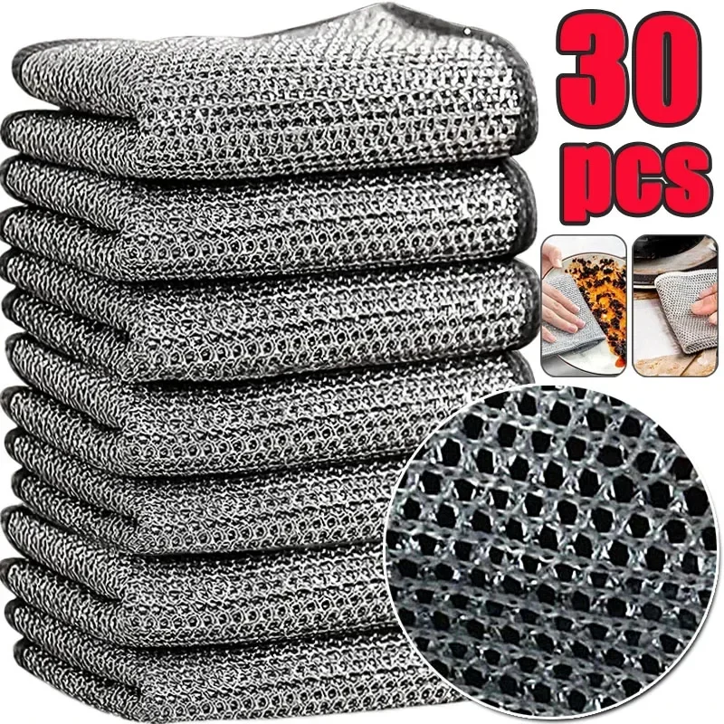 

30/5pcs Thickened Steel Wire Cleaning Cloth Non-Scratch Double-layer Iron Microfiber Mesh Dishrag Washing Pot Rags Kitchen Towel