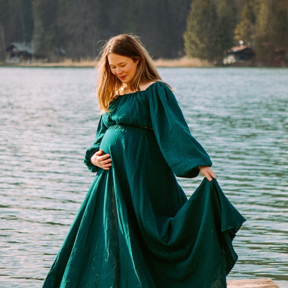 Blackish Green Boho Pregnant Dress Linen Cotton  Two-Piece Set Photo Shoot Photography Dress For Women Baby Shower Dress