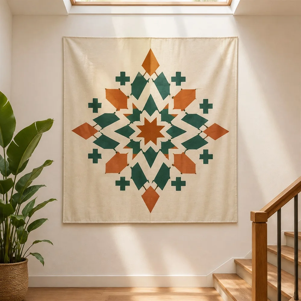 VIKAMA Moroccan Zellige Tile Tapestry Wall Hanging, Geometric HD Print Wall Art, Boho Decor for Living Room Bedroom Entryway