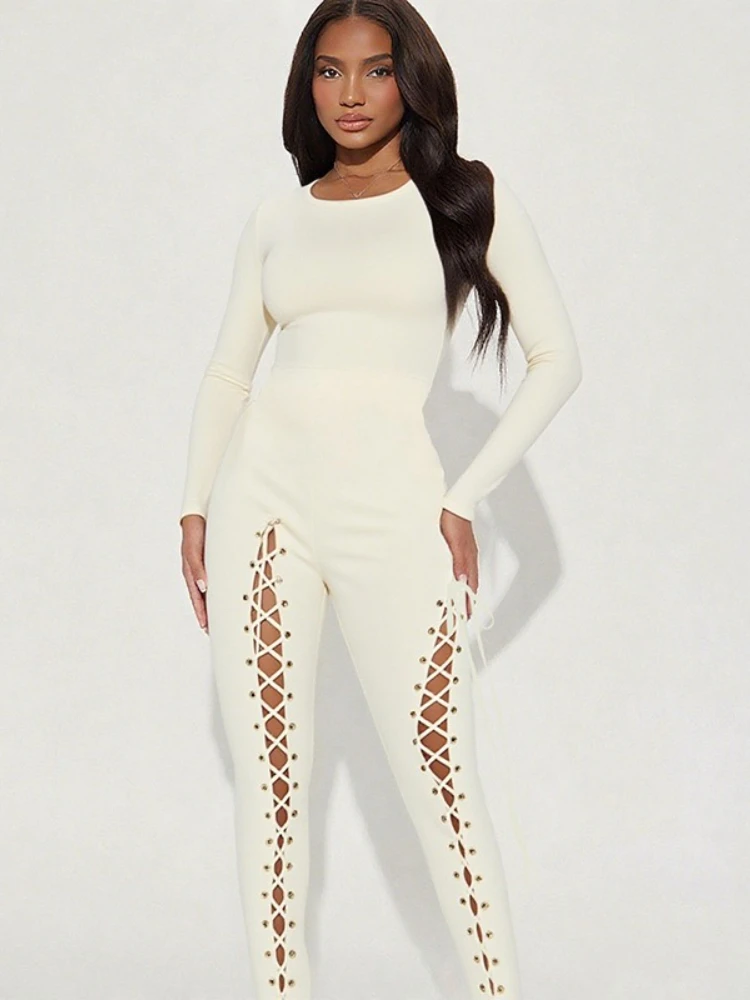 

Fashion Sexy Hollow Out Bandage Pencil Pants Jumpsuit 2025 Autummn Long Sleeve Skinny Bodysuits Female Solid Lace-up Overalls