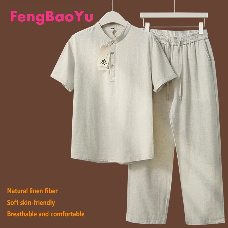 

Fengbaoyu High-end Linen Men's Suit Short-Sleeved Shirt and Pants Set for Spring Summer, Comfortable Cool Outdoor Leisure Wear