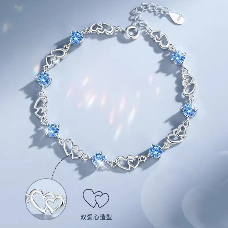 

925 Sterling Silver Double Layered Heart-shaped Bracelet for Women Vintage Korean Crystal Bracelets High Quality Party Jewelry
