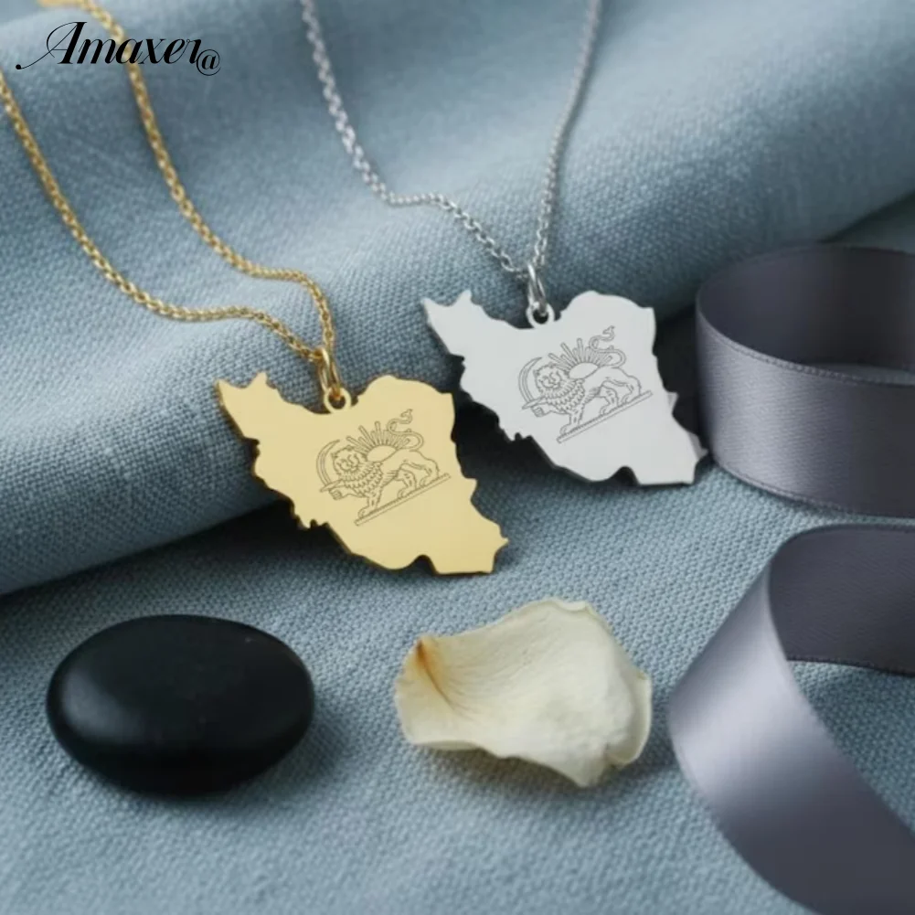 Persian King Pahlavi Lion and sun Map persia Pendant Neckace for Women Men Stainless Steel Jewelry Gifts
