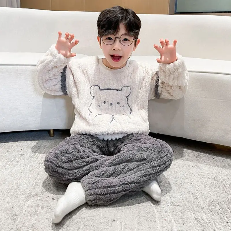 

Зимние фланелевые пижамы для больших детей, утолщенный комплект из двух предметов с героями мультфильмов, теплый и уютный