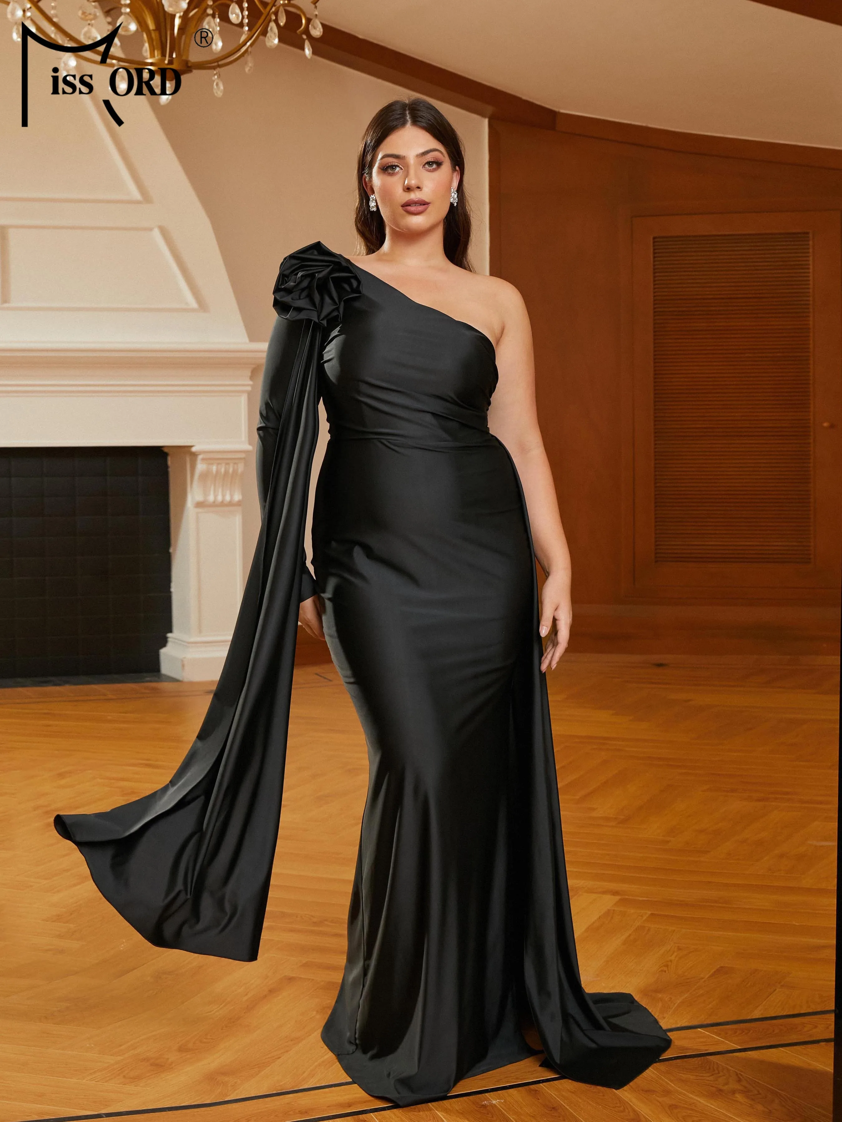 

Missord Plus Size Floral Black One Shoulder Mermaid Evening Floor Length Dress