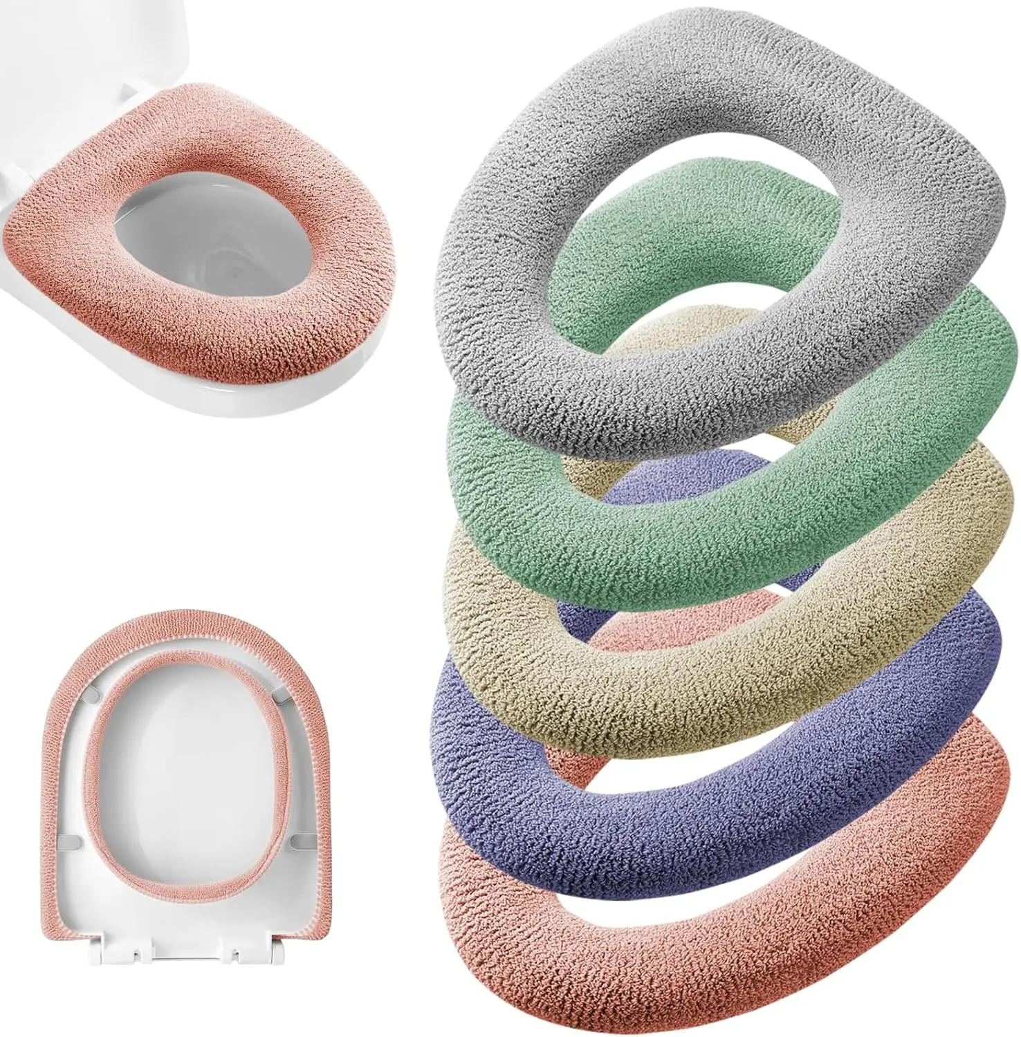 

5 Pack Thicker Bathroom Toilet Seat Cover Pads - Soft Warmer Cushion Stretchable Washable Fiber Cloth for Elongated Toilet