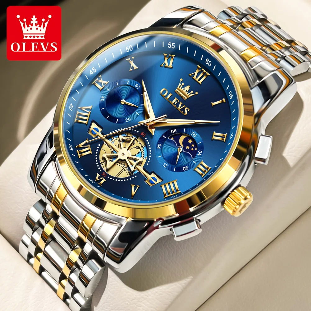 

OLEVS 2859 Roman Scale Quartz Watch For Men Moon Phase Luxury Man Wristwatch Original Waterproof Stainless Steel Business Watch