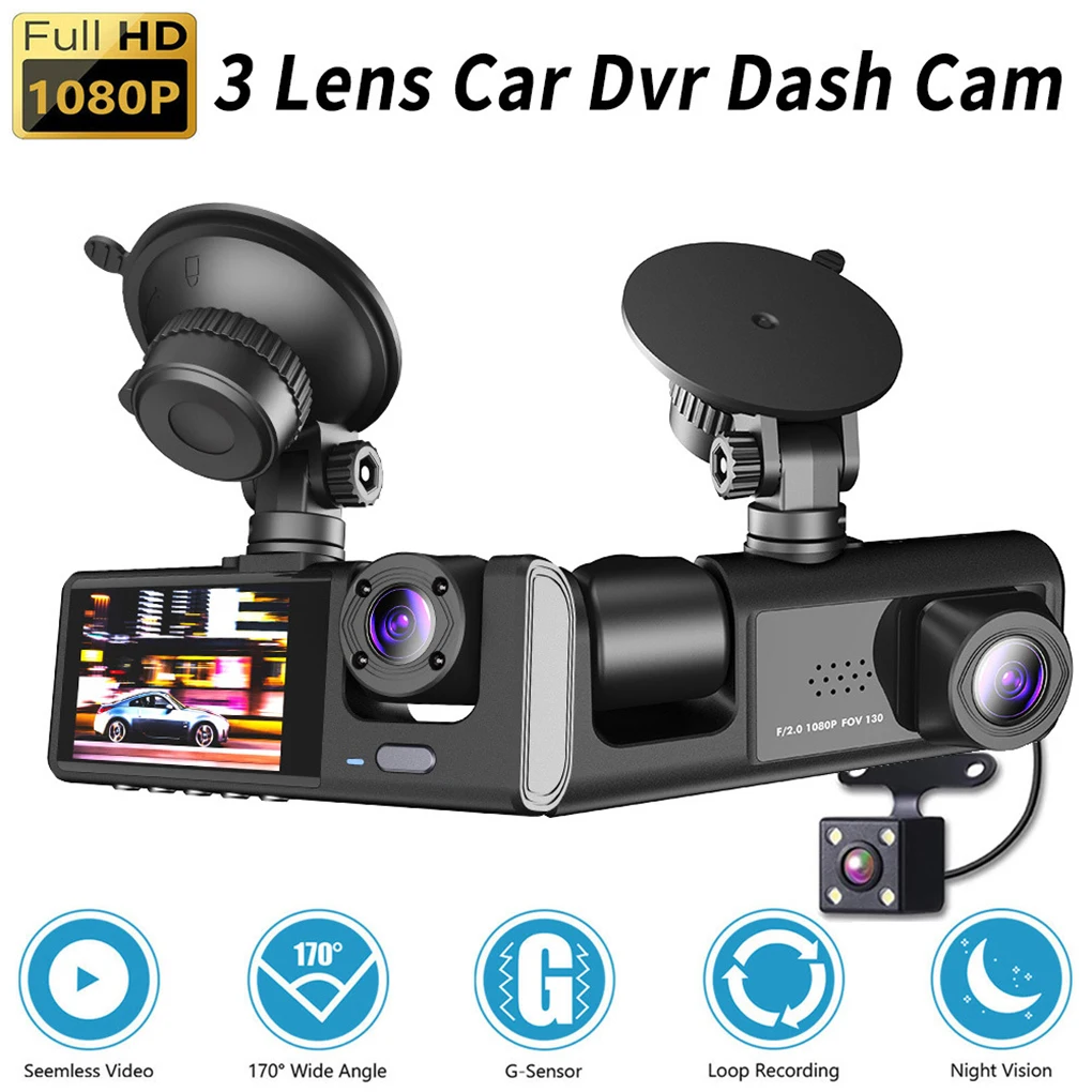 

Auto 3 Lenses Dash Cam 2-inch Screen Loop Recording Battery Powered Camera