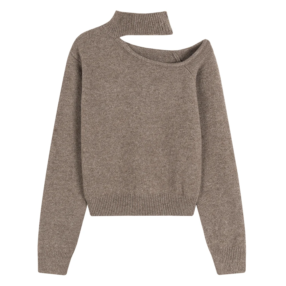 سترة كتف غير متناظرة بلون القهوة من Ele للنساء لخريف وشتاء محبوكة طويلة بألوان حرارية دافئة