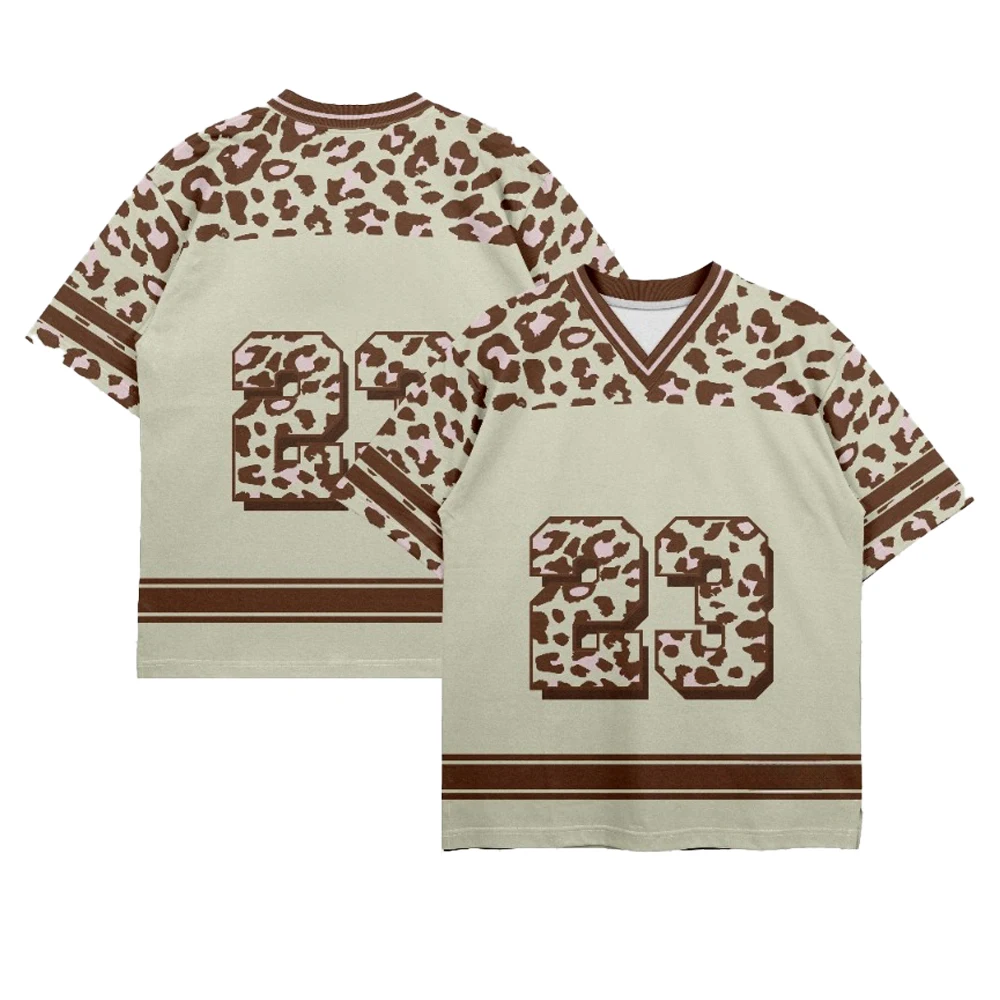 

ins Trendy Cool Leopard Print No.23 Jersey Women's Fashionable Casual Short Sleeved Tee American Street Hip-Hop Retro Sports Top