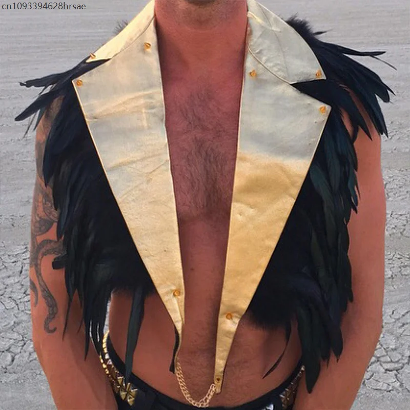 Mannen Punk Goth Feather Vest Cosplay Nachtclub Stage Performance Kostuum Dans Carnaval Party Vest Feather Outfit