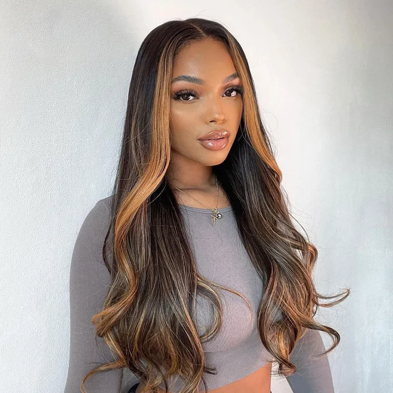 Small Large Cap Highlight Brown Lace Front Wig Body Wave Wig Honey Brown Synthetic Wigs 13x4 Transparent Lace Front For Women