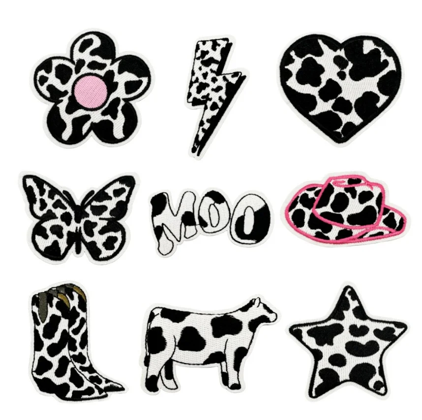 

10 Pcs Moo Cow Flower Flash Embroidered Patches Iron On Clothing Hat Bag Shoe Repair Material Phone Gift Box Decor DIY Accessory