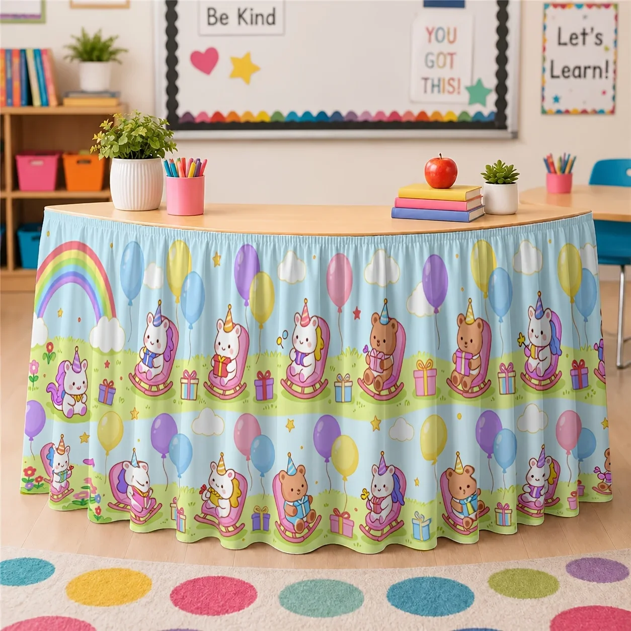 One table skirt. Unicorn birthday party theme. Polyester printed table skirt. Cute, playful, imaginative.