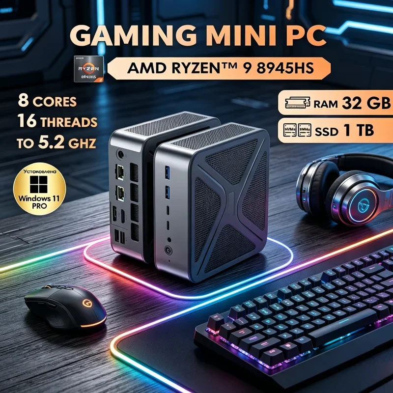 8K Visual GH8 Mini PC AMD Ryzen 9 8945HS Win11 Pro, 2*DDR5 WIFI6 BT5.2 HDMI2.1 Dual M.2 NVME Portable Gaming Desktop Computer
