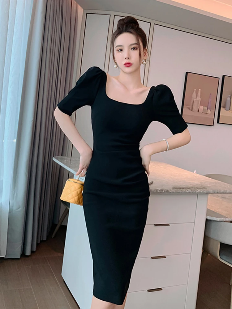 Sweet Bodycon Dress Women Simple Elegant Sexy White Black Bubble Sleeve Skinny Midi Dress Backless Gown Holiday Street Vestidos