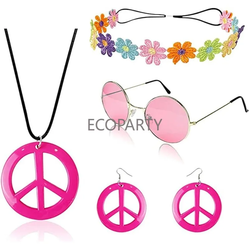 Ecoparty Hippie Women Set Peace Sign Necklace and Earrings,Headband and Sunglasses 60s 70s Accessories Groovy Party Decoration