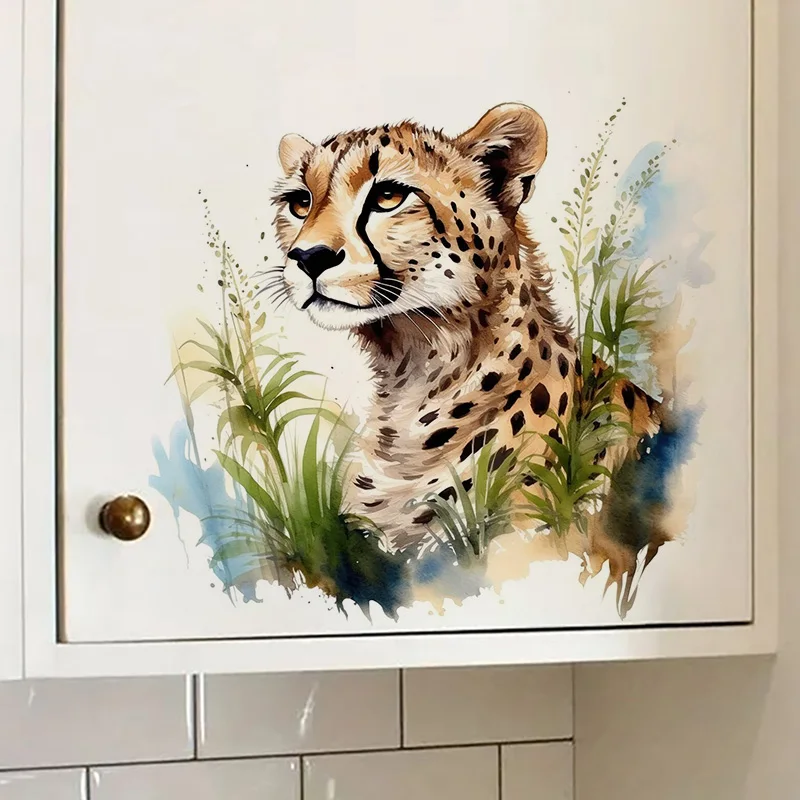 Cheetah Watercolor Wall Stickers, Toilet Stickers, Bright Bathroom for Home Decoration, Vinyl Animal Decals, Art Wallpaper