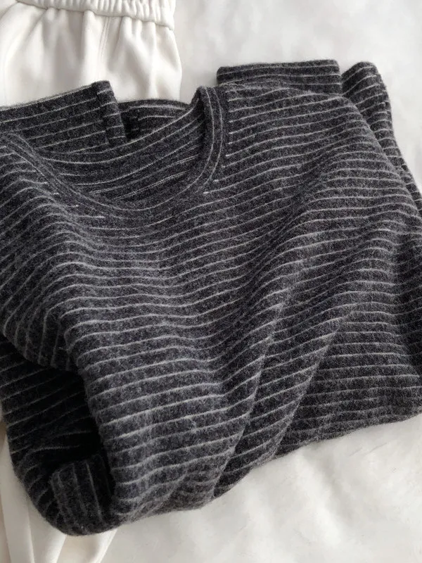 

Модный женский свитшот в корейском стиле с круглым вырезом, длинными рукавами, свободного кроя, в полоску, для весны, для повседневной носки, уличный стиль