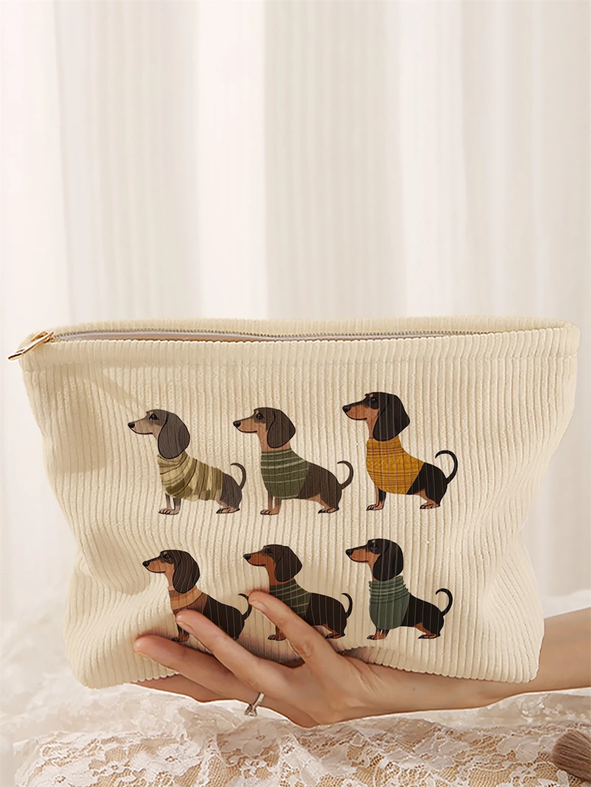 Cartoon Dog Pattern Printed Corduroy Makeup Bag, Lightweight Zipper Makeup Storage Box, Multifunctional Bag Corduroy Makeup Bag