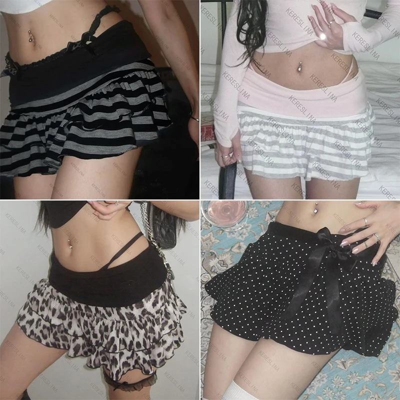 High street sweetheart hot girls style striped leopard print mini skirt summer Y2k millennium subculture Harajuku mini skirt emo