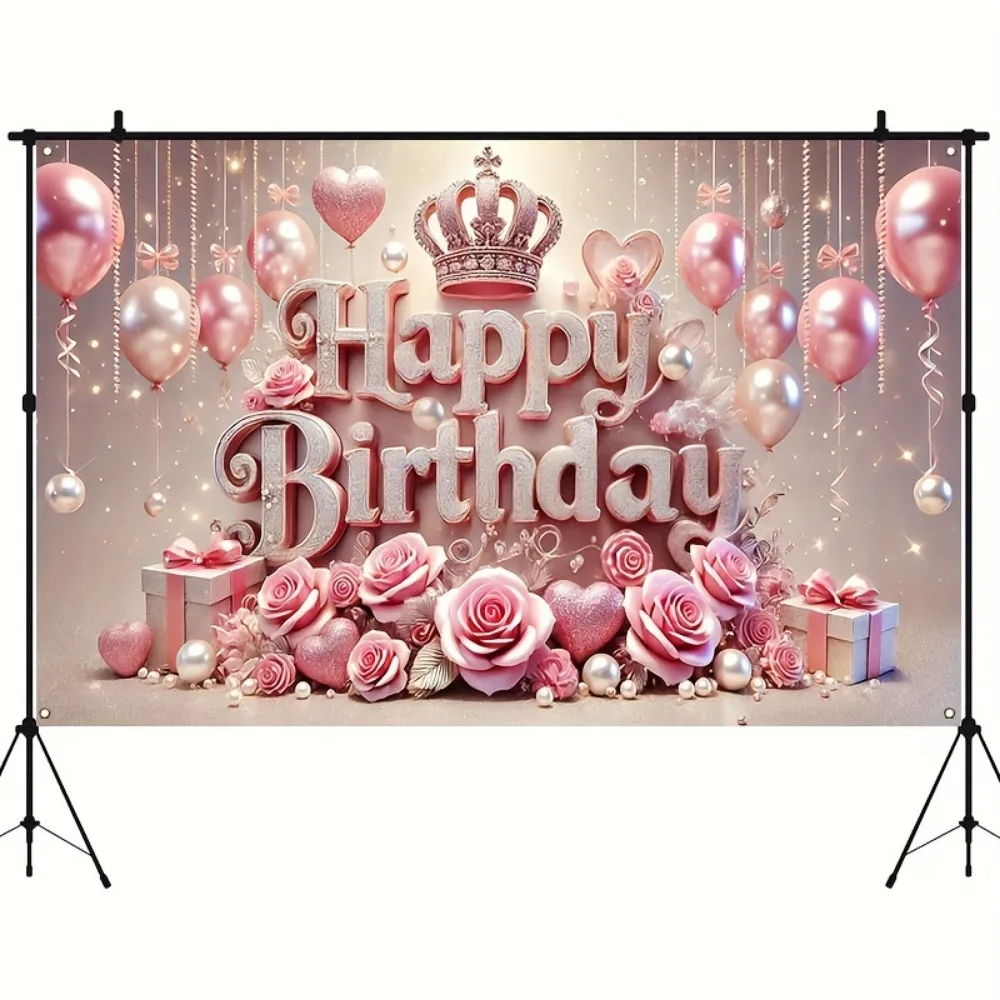 Happy birthday photography background, gorgeous crown and balloon theme, pink roses and glitter gift decoration