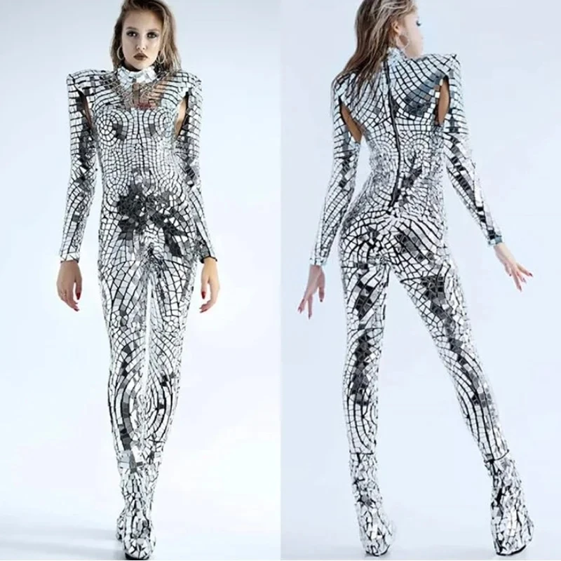 

Gogo Stage Show Costume Pole Dance Clothes Women Lens Bodysuit Bar Silver Jumpsuit Mirror Sequins Jumpsuit