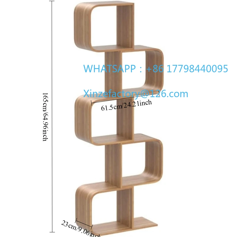 Customizable 5-Tier S-Shaped Geometric Modern Bamboo Bookshelf, 2 in 1 Bookcase Storage CDs