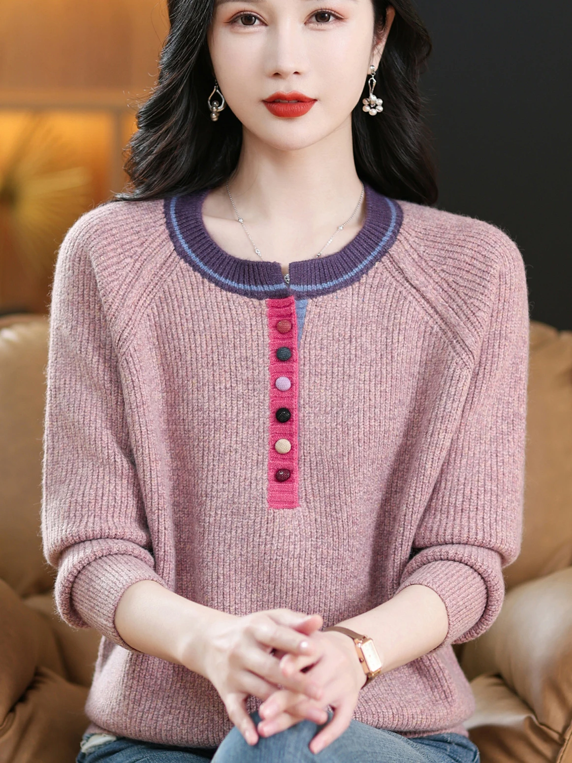

Faionable round Ne Knitwear Loose Woolen Base irt for Young Mothers Mid-aged Women Autumn Winter New Sle Casual Wear
