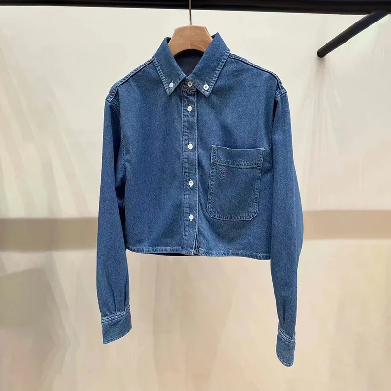 

Niche early spring 2025 simple denim embroidery marked with white button shirt