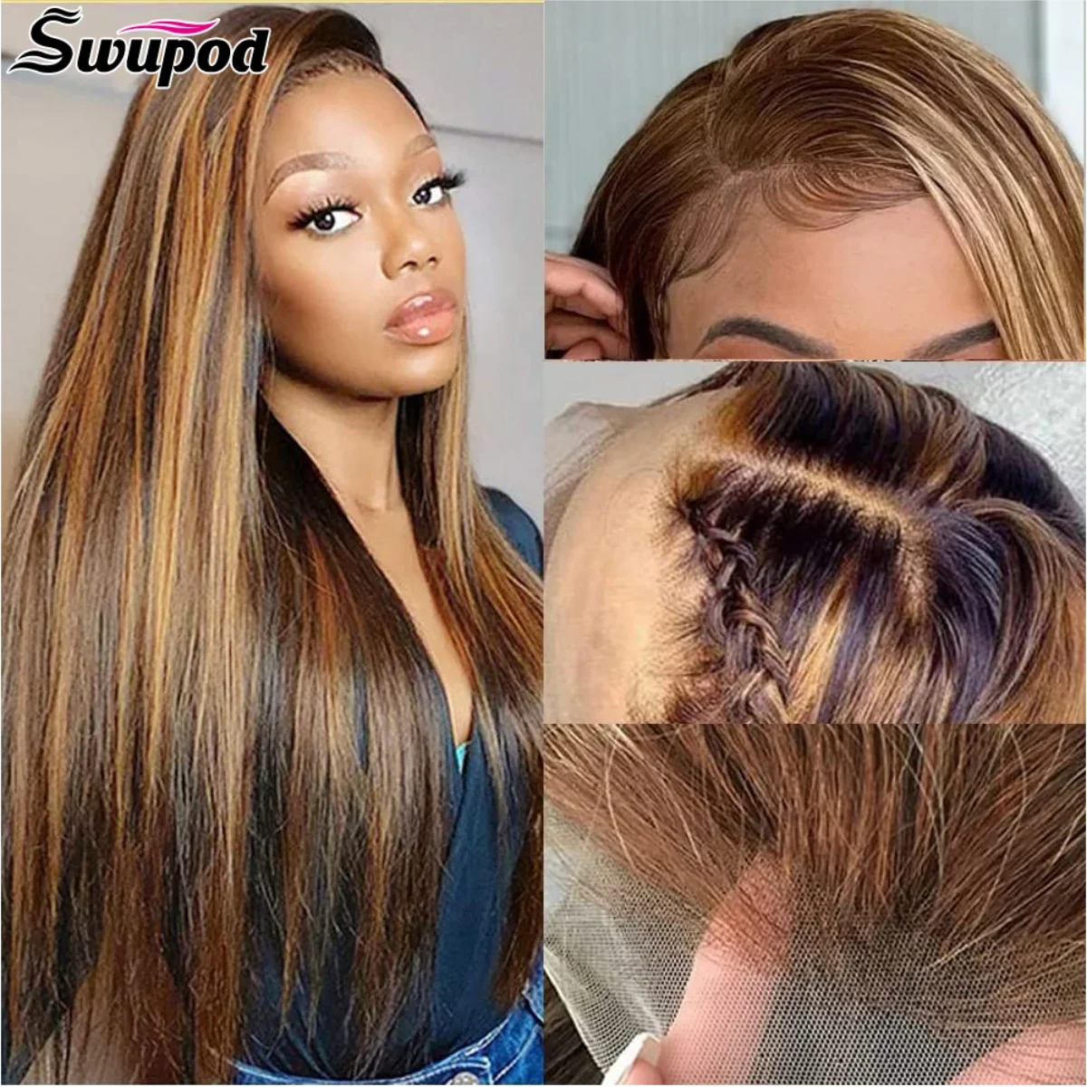 Swupod-Perruque Lace Front Wig sans colle naturelle Remy, cheveux lisses, ombré P4/27, 13x4 HD, balayage de piano, pour femmes africaines