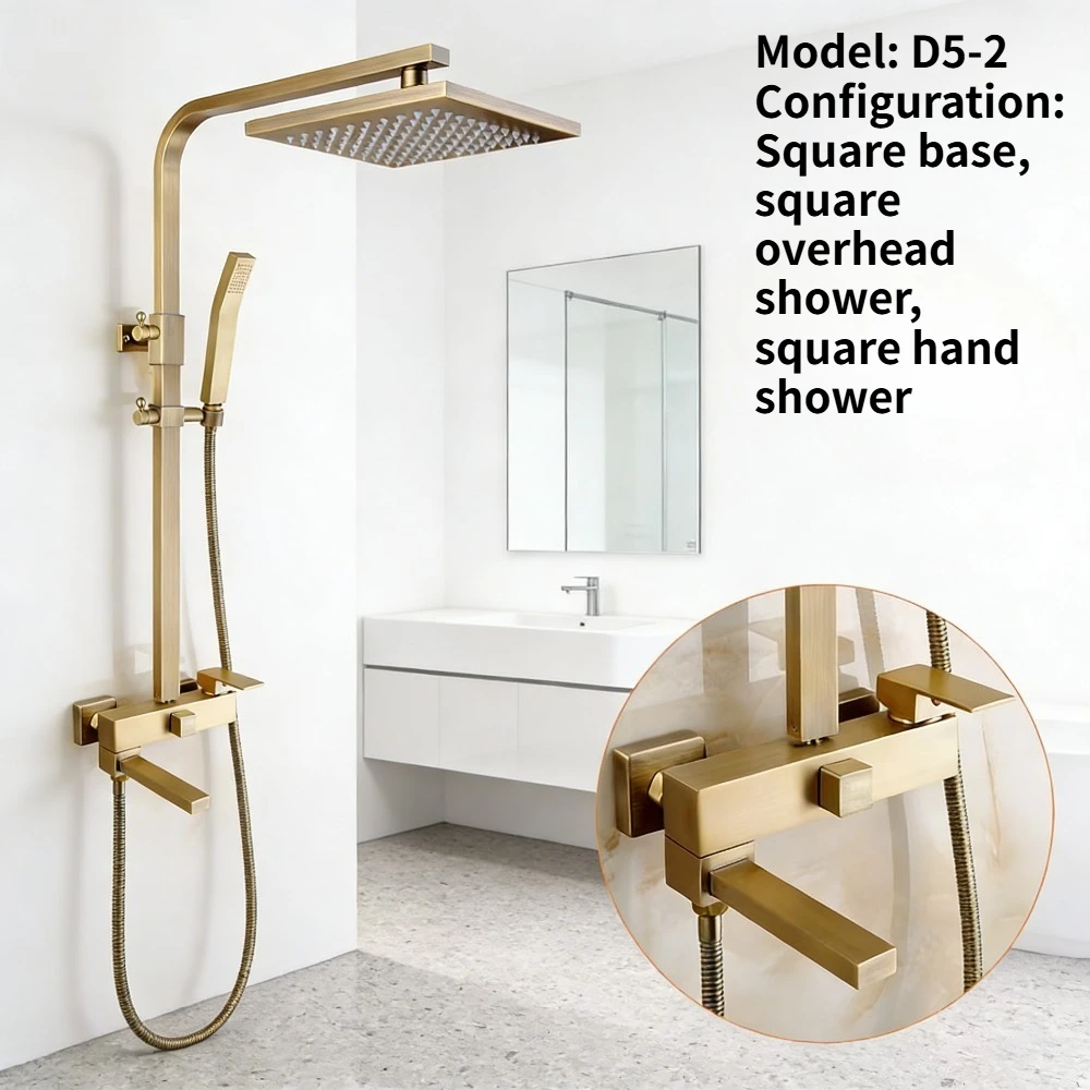 

Retro French brass shower set, square antique brushed shower, bathroom rain nozzle
