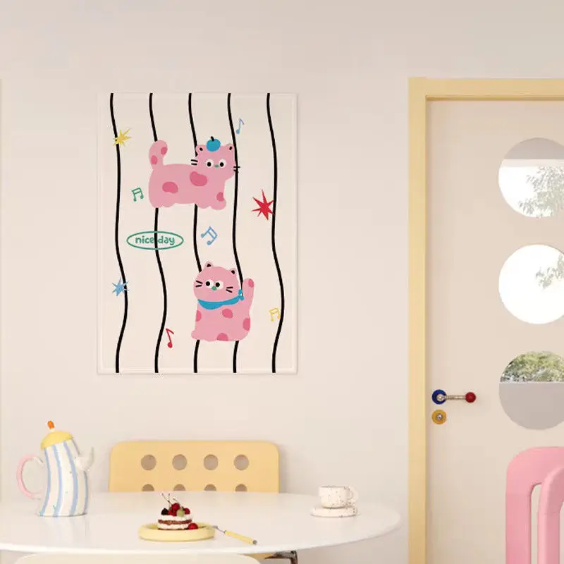 VIKAMA Cute Spotted Cartoon Cat Wall Tapestry Blue Plaid Grid Wall Hanging Simple Kawaii Print Kids Bedroom Home Wall Decor