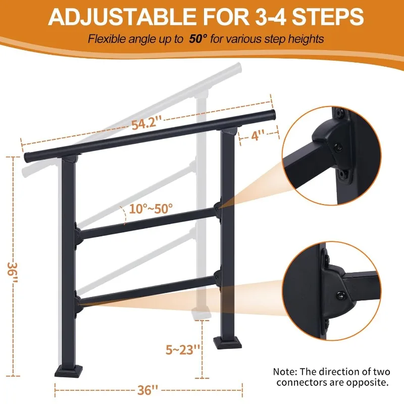 4-Step Outdoor Stair Railing: Black Wrought Iron Handrail for 3 to 4 Steps - Porch Stairs Hand Rail Railings Kit