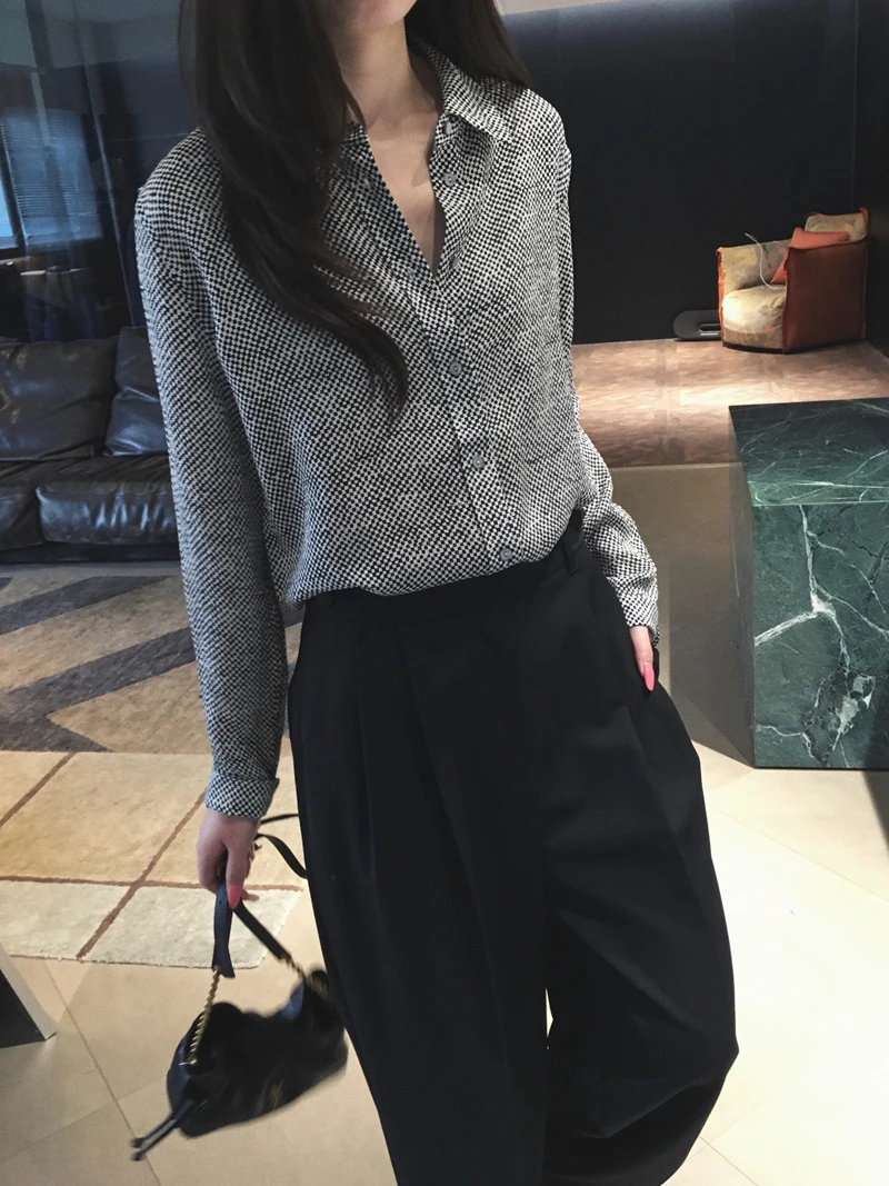 

High Precision Silk Long Sleeve Shirt Cuijia Pearl Satin Embroidery Checkered Print Casual Style Women's Fashion Spring Colle...