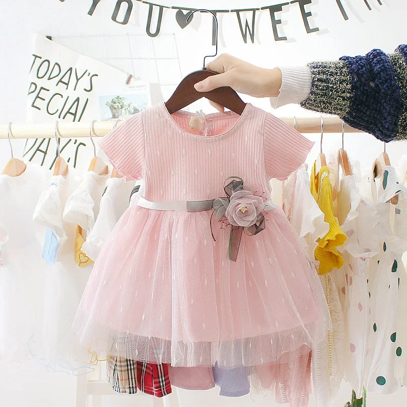 Summer New Baby Girls Dress Sweet Princess Dress Flower Ribbon Mesh Shaggy Gauze Dress Birthday Party Dress