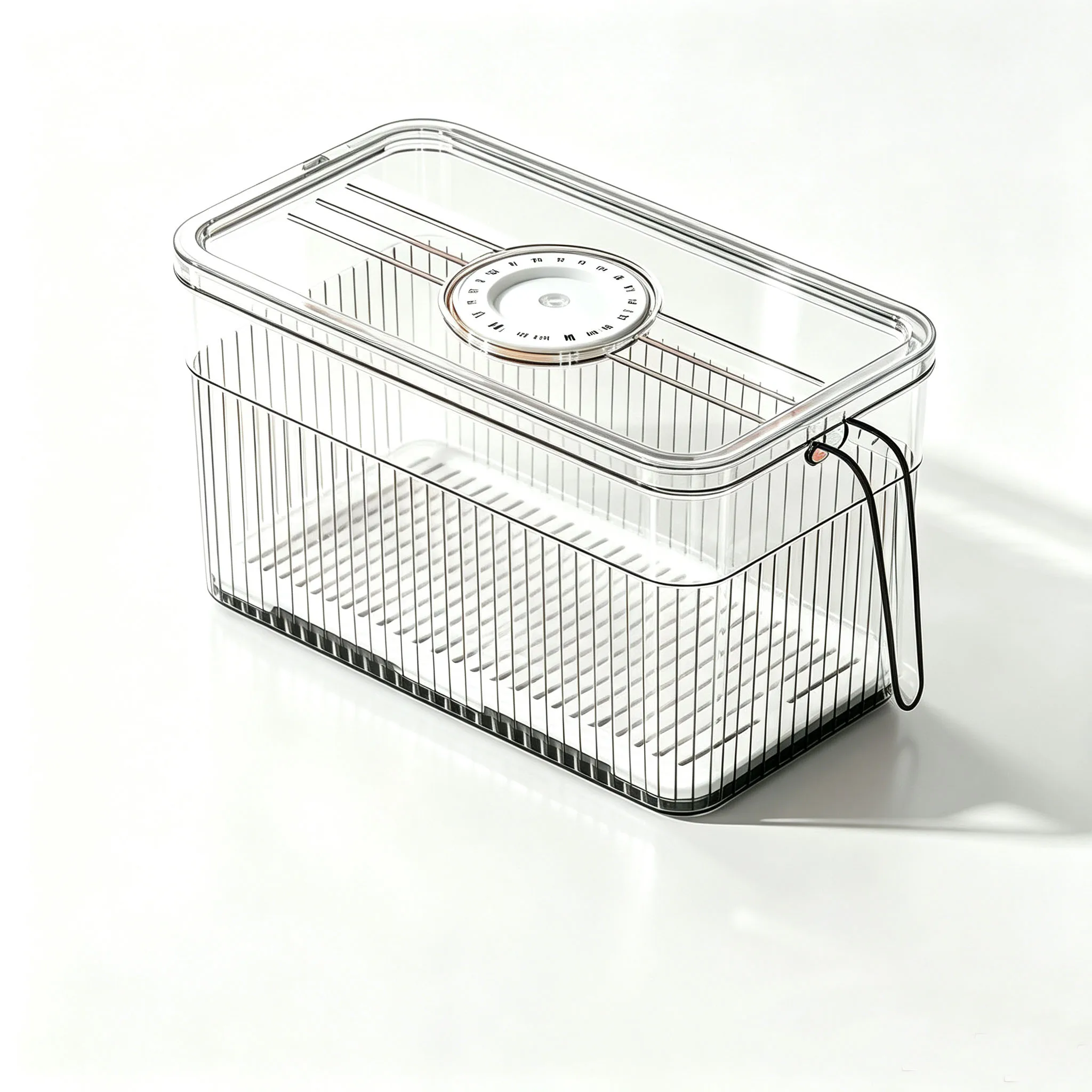 Refrigerator Storage Box with Timer Lid Drain Tray Clear Fridge Organizer Bin with Handle Stackable Food Storage Container
