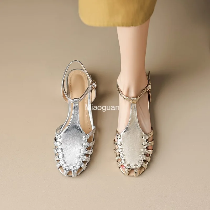 Sexy Women Sandals Golden Silver Ankle Strap Summer Dress Sandals Party Flat Low Heels Party Dress Slides Fashion Sandals 35-39