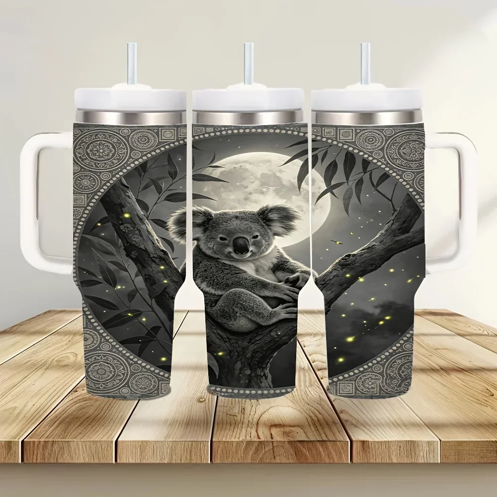 40Oz Large Capacity Insulated Tumbler with Handle, Koala Moonlit Forest Print, Suitable for Animal Lovers, Fits Daily Use And Outdoor Travel, Keeps Hot And Cold Drinks