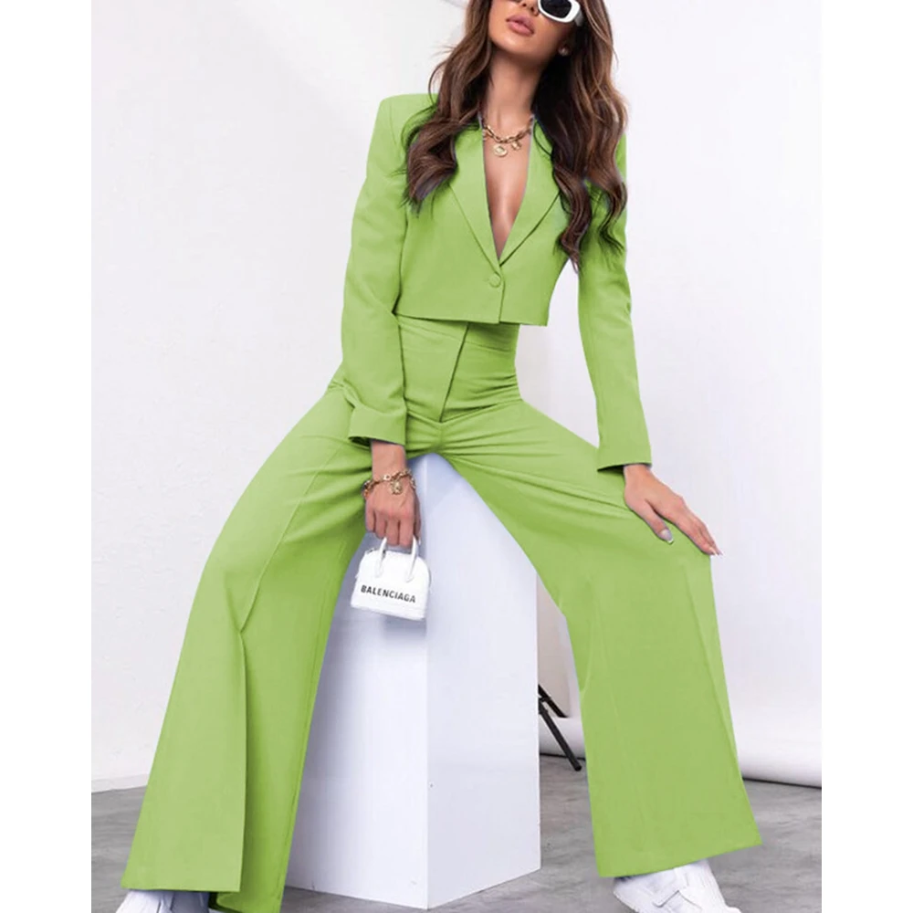 

Women Autumn Elegant Two Pieces Suit Set Nothched Collar Single Buttoned Long Sleeve Blazer & Flared Pants Set Office Work Wear